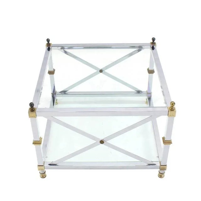 Vintage Mid Century Square Jansen Chrome Brass Glass Side End Tables- a Pair For Sale - Image 4 of 9