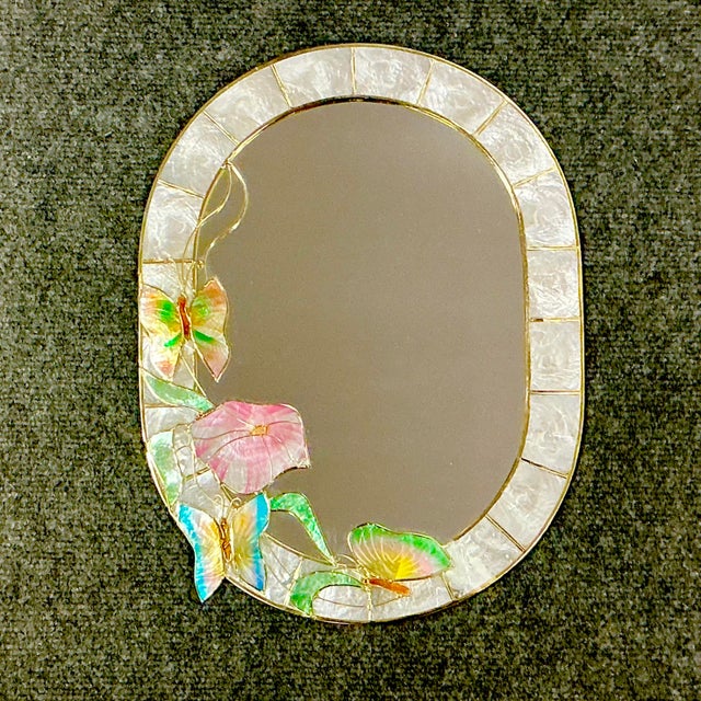 1980s Coastal Boho Chic Capiz Shell Wall Mirror With Butterflies & Morning Glory For Sale - Image 4 of 12
