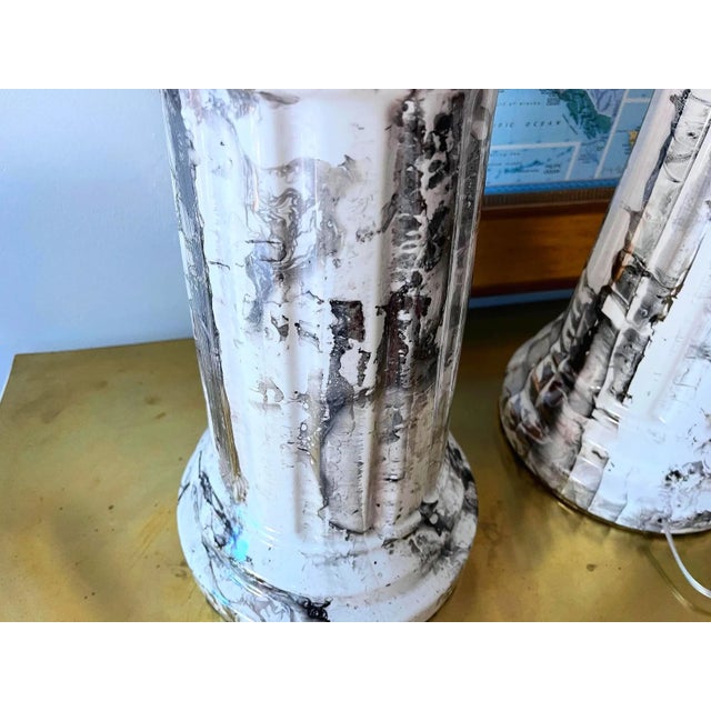 1970s Marbled Column Lamps & Shades - A Pair For Sale - Image 6 of 15
