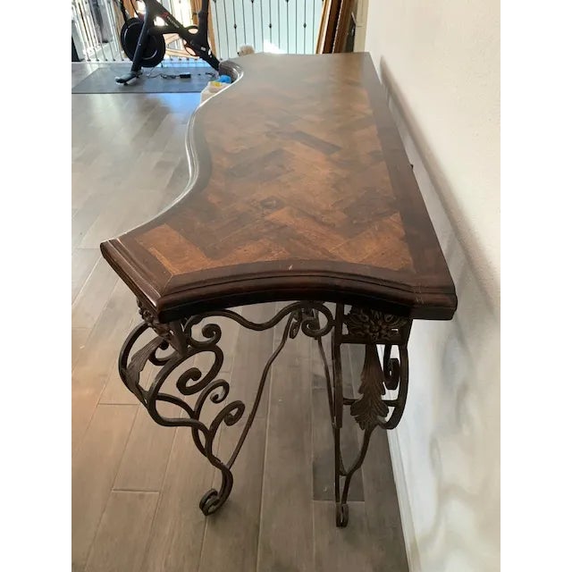 Spanish Revival Mediterranean Wrought Iron & Walnut Herringbone Console Table, 57” For Sale - Image 3 of 7