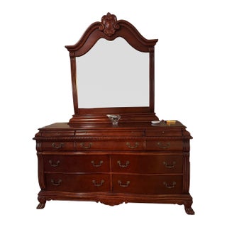 1990s Traditional Cherry Finish Triple Dresser With Arched Mirror For Sale