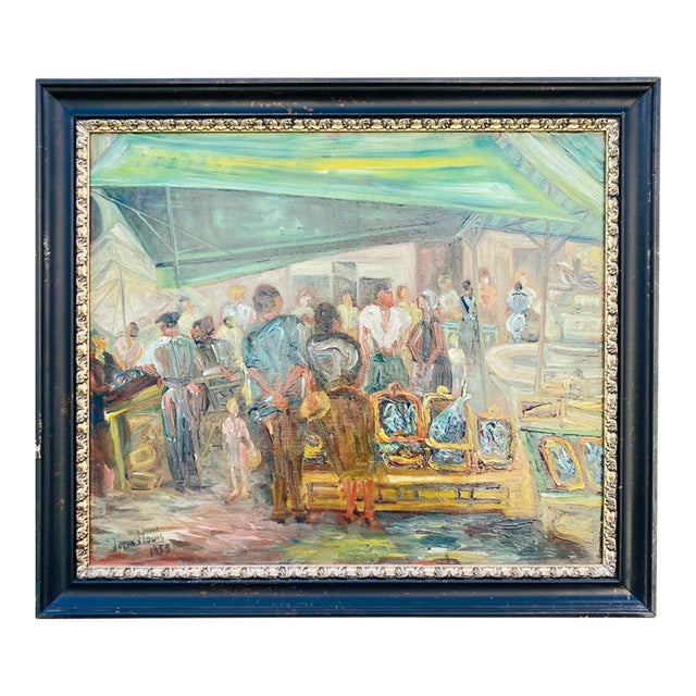 Mid Century French Oil Painting by Duand Louis "Marche Aux Poissons" For Sale