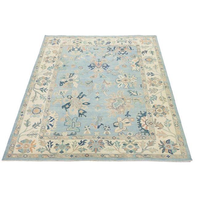 Modern Hand-Knot Oushak Style Light Blue & Soft Earth Tone Floral Wool Area Rug For Sale - Image 9 of 12