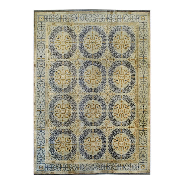 9x12 Gisell Beige Classic Floral Modern Hand Knotted Wool Carpet Rug For Sale