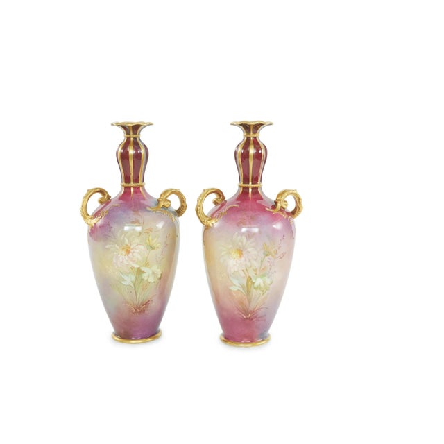 Early Art Nouveau royal bone porcelain decorative Amphora style vase with scrolls gilt handles and exterior painted floral...