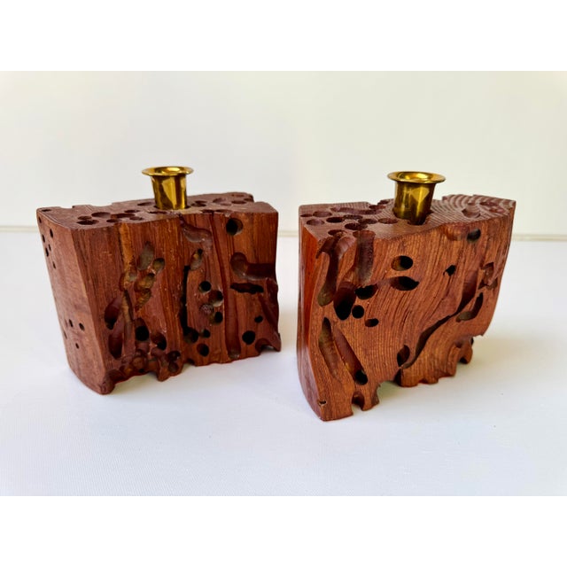 Mid-Century Modern Mid-Century Organic Modern Insect-Eaten Wood Candleholders, Brass Cups, Pair For Sale - Image 3 of 13