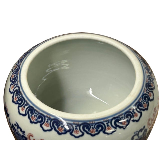 White Oriental Blue White Red Symbol Bats Graphic Porcelain Round Container Box For Sale - Image 8 of 12