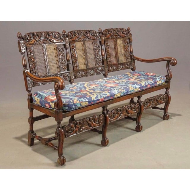 20th Century Jacobean Revival Style Carved Hardwood & Cane Three-Seat Settee For Sale - Image 12 of 12
