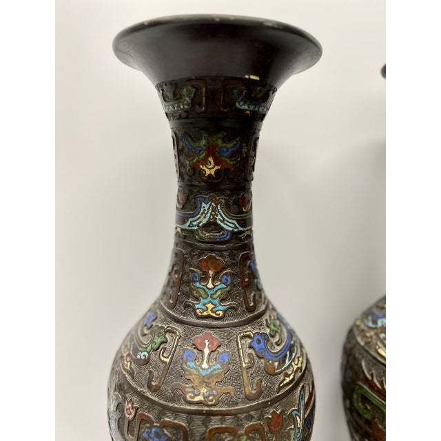 Pr. 19th C. Meiji Japanese Champleve Inset Bronze Vases Signed 21.25" For Sale - Image 9 of 11