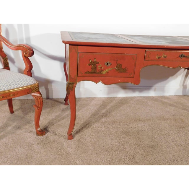 1950s Antique Baker 1950s French Red Chinoiserie Leather Top Writing Desk & Arm Chairs For Sale - Image 5 of 16