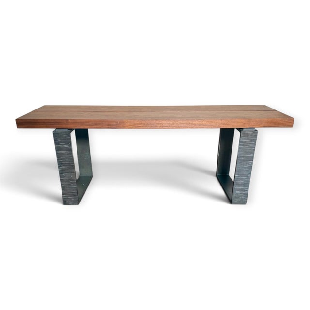 Beautiful custom bench of solid maple and forged iron. Matching planks on a highly textured and sculptural, hand-patinated...