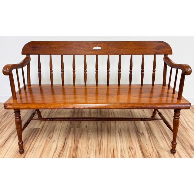 Farmhouse Vintage Amana Made Windsor Style Wood Spindle Back Bench For Sale - Image 3 of 12