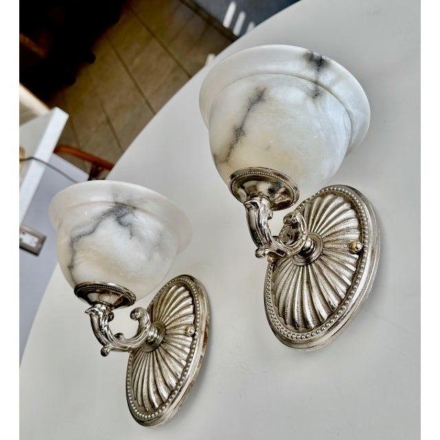 Pair Silver Nickel Alabaster Sunburst Wall Sconces For Sale In Palm Springs - Image 6 of 18