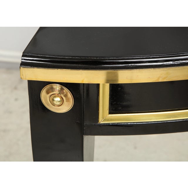 Bespoke Pair of Brass-Banded Demilune Consoles in the Neoclassic Manner For Sale - Image 10 of 12