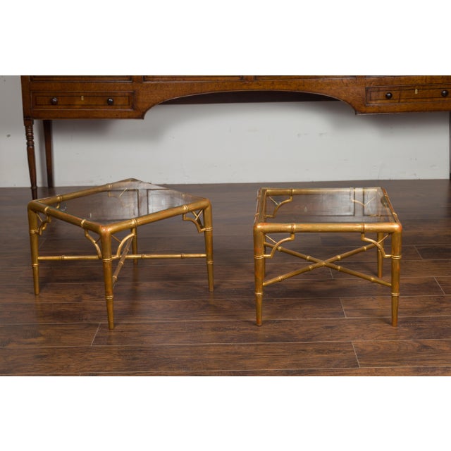 Mid 20th Century Pair of French Midcentury Gilt Faux Bamboo Drinks Tables with Glass Tops For Sale - Image 5 of 12