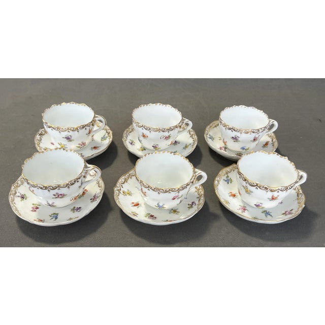 Porcelain Cups and Saucers with Gilt Edges and Floral Motifs from Meissen, 1950s, Set of 12 For Sale - Image 12 of 12