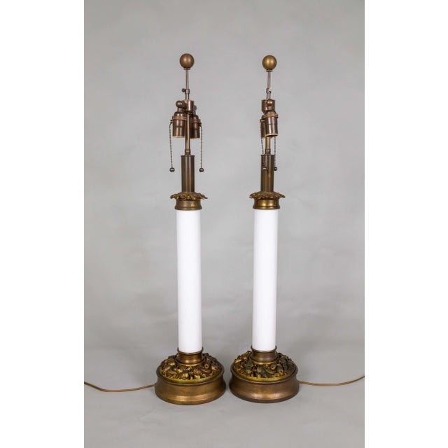 1940s Large Custom Milk Glass Table Lamps With Brass Foliate Bases by Paul Hanson Co. For Sale In San Francisco - Image 6 of 9