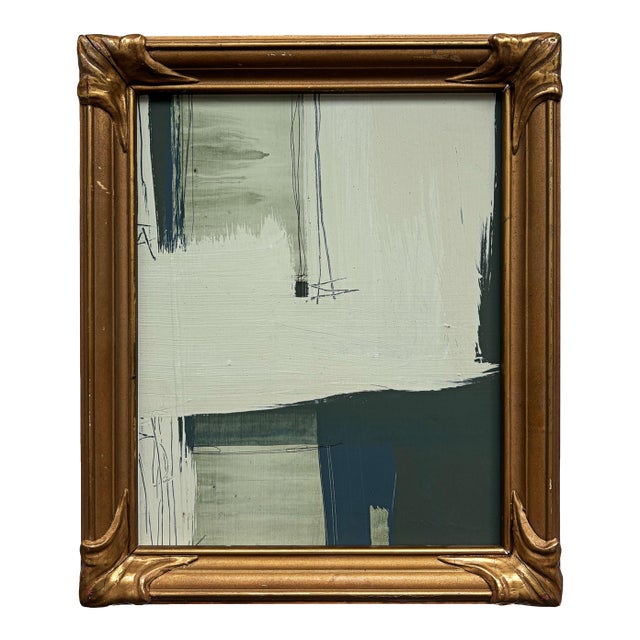 “Serenity Pines" Green Abstract Art in Antique Frame, Transitional Living Room Art by JTS For Sale