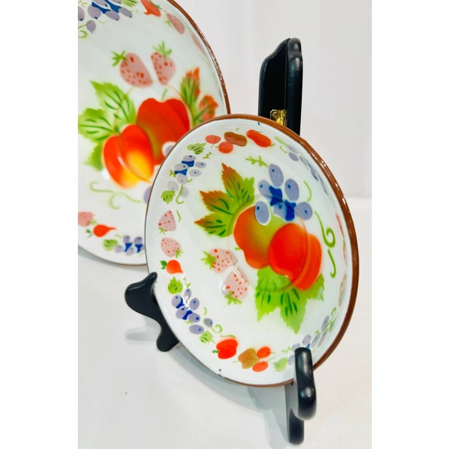 Antique Tutti Frutti Painted Enamel Serving Set - Large Bowl & 8 Small Bowls For Sale In Raleigh - Image 6 of 7
