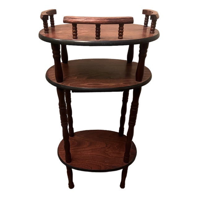 Vintage Solid Wood 3-Tier Round Accent Table W/ Drawer – Early American Colonial Style For Sale