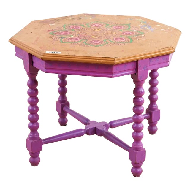 Vintage Wooden Table with Floral Decoration For Sale