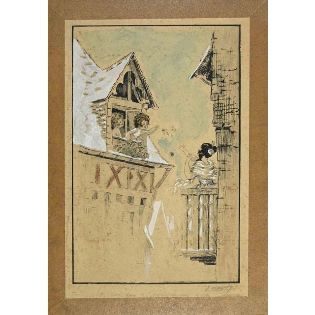 Les enfants à la fenêtre is an original print, realized in early 20th Century, by the French Artist Alfred Renaudin,...