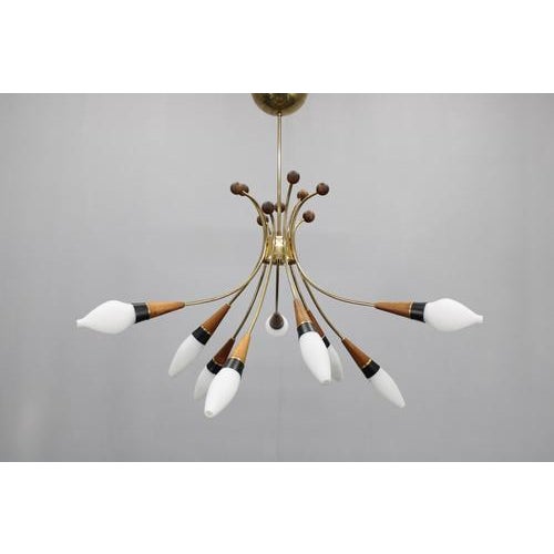 Brass, Teak and Opaline Glass Chandelier by Rupert Nikoll, Austria, 1960s For Sale - Image 3 of 18