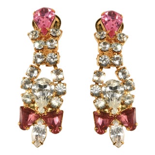 Vintage Dominique Dangle Earrings Pink & Clear Rhinestones Gold-Plated, Pair For Sale