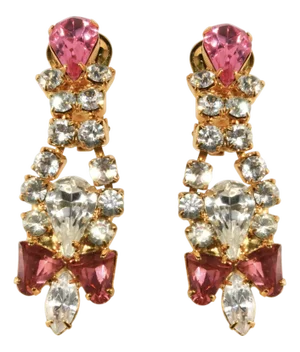 Vintage Dominique Dangle Earrings Pink & Clear Rhinestones Gold-Plated, Pair