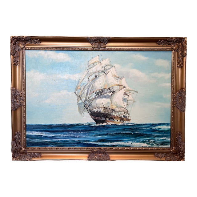 James Blade - Majestic Tall Ship Original Oil Painting on Canvas – Gold Frame For Sale