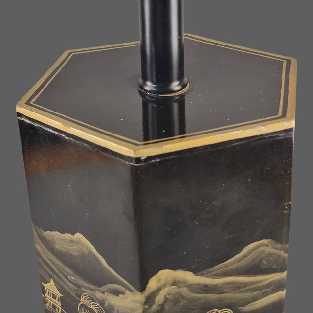 Vintage Asian Black Lacquer Hexagonal Figural Chinoiserie Table Lamp For Sale - Image 4 of 12
