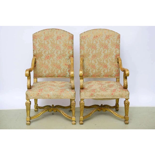 Gold Antique Palatial French Grand Style Louis XIV Giltwood Throne Chairs - a Pair For Sale - Image 8 of 9