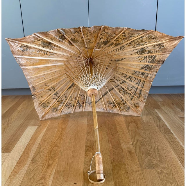 Vintage Japanese Hand Painted Bamboo and Paper Parasol For Sale - Image 9 of 12
