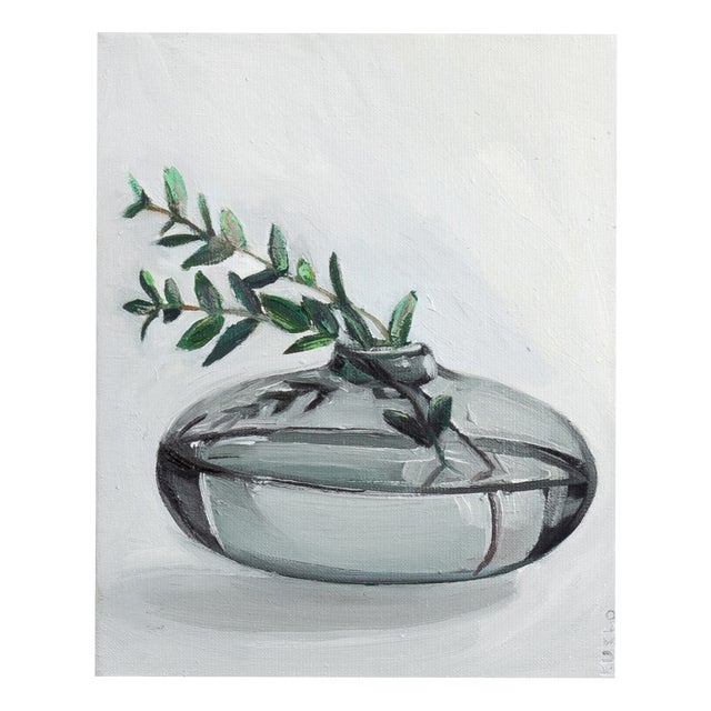 Justyna Kuklo, Grey Transparent Vase with a Twig, 2018, Oil Painting on Canvas, Framed For Sale