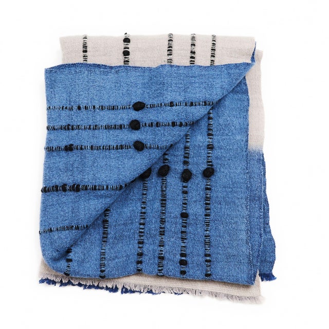 Mari Serene Blue Gray Calming Hues Hand Woven Hand Knotted Textured Merino Throw For Sale In Detroit - Image 6 of 10