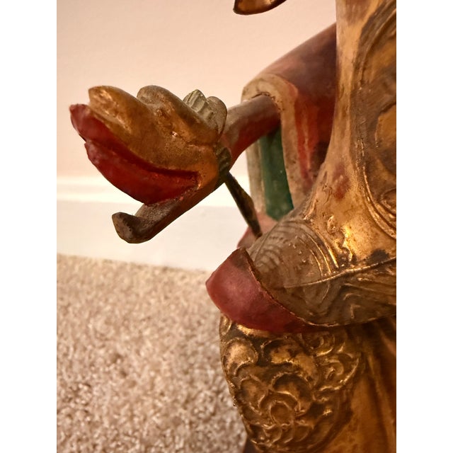 Gold Late 19th C. Chinese Giltwood & Lacquer Taoist Deity Statue With Original Spear For Sale - Image 8 of 12