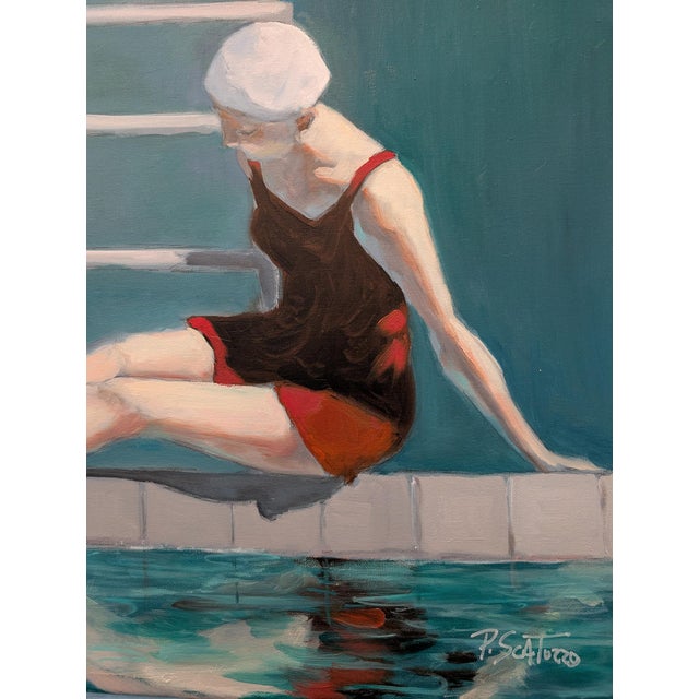 Summer Pool Vintage A poised, contemplative moment defines this 24×30" oil on canvas by Paul Scaturro (b.1961). A lone...