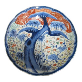 Japanese Porcelain Arita Imari Charger Plate With Beautiful Tree & Flower Design For Sale