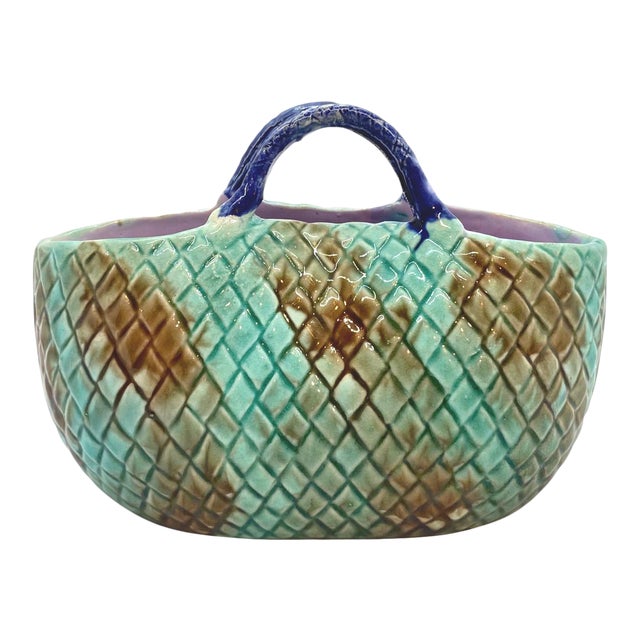 English Majolica Basket Mottled Green Cobalt Handle Lavender Interior, Ca. 1875 For Sale