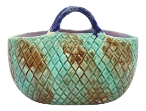 English Majolica Basket Mottled Green Cobalt Handle Lavender Interior, Ca. 1875