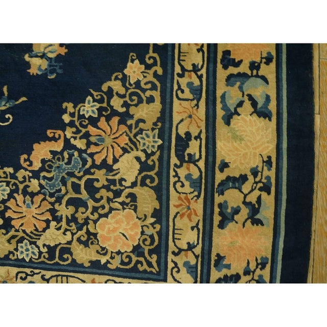 1890s Blue Oriental Floral Sprays Medallion Antique Chinese Peking Room Size Rug For Sale - Image 9 of 10