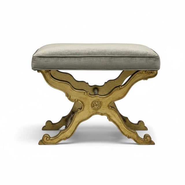 This is a mid-century Italian bench with a hand carved and silver leafed frame. The velvet is a blue-gray and is vintage....