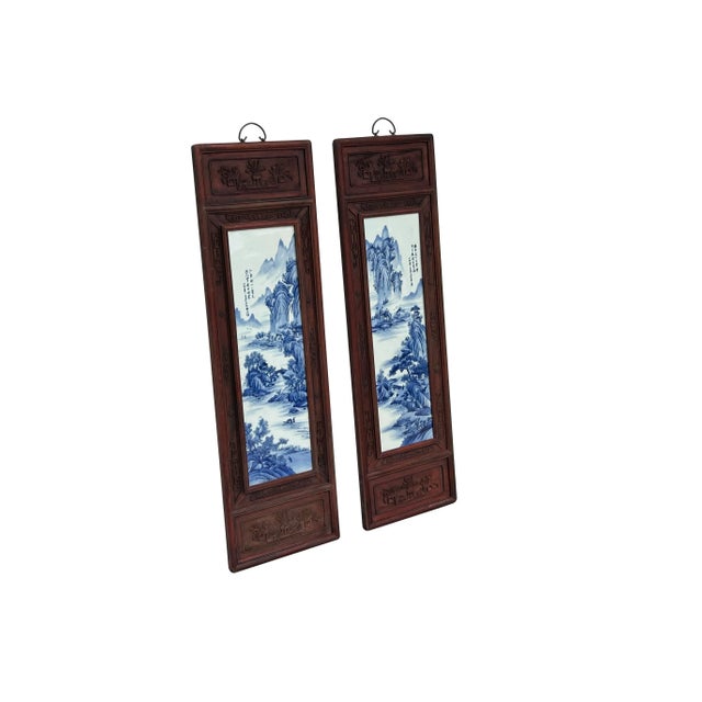 1980s Set 4 Chinese Blue White Landscape Porcelain Painting Wall Panels For Sale - Image 5 of 8