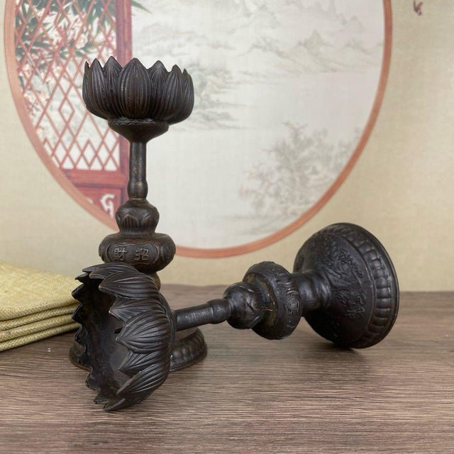 Traditional Pair of Bronze Lotus Candlesticks – 5.9" Buddhist Altar Candle Holders With Dragon Base For Sale - Image 3 of 11