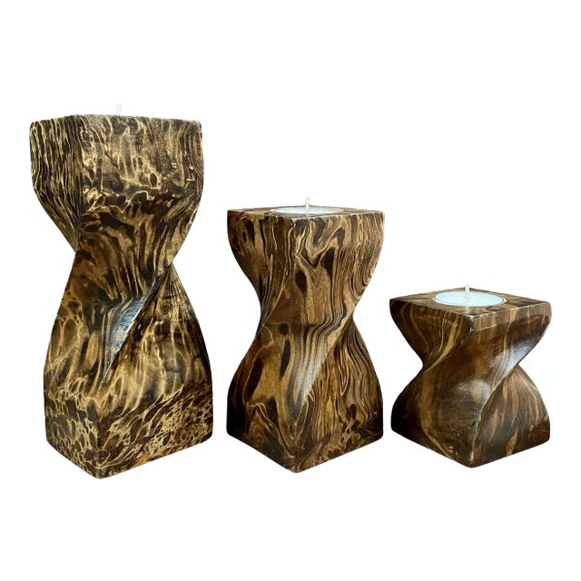 Twisted Faux Tortoise Painted Wood Candle Holders - Set of 3 For Sale