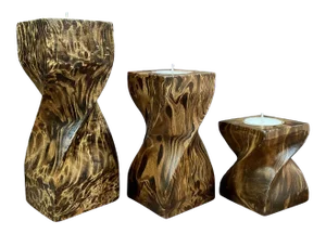 Twisted Faux Tortoise Painted Wood Candle Holders - Set of 3