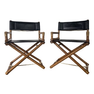 Pair of Vintage McGuire San Francisco Director Chairs in Black Leather and Oak For Sale