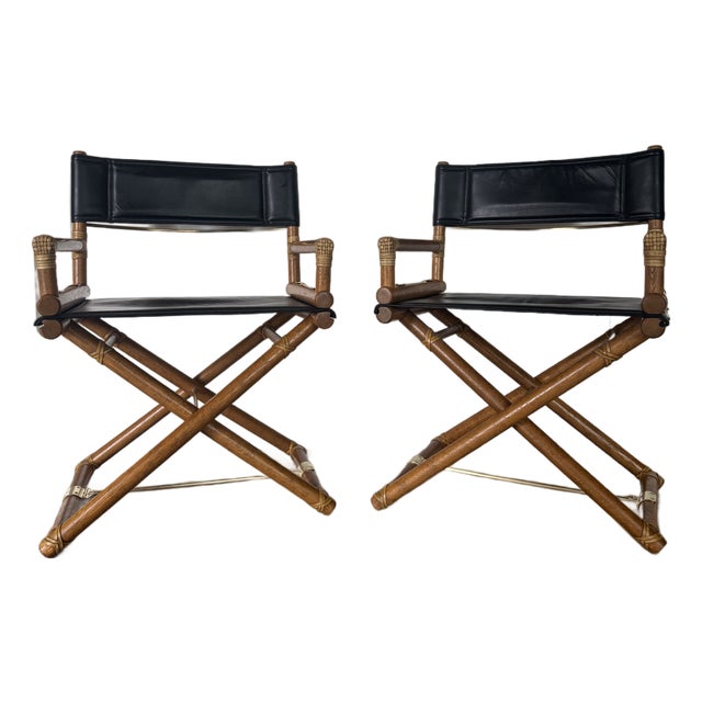 Pair of Vintage McGuire San Francisco Director Chairs in Black Leather and Oak For Sale