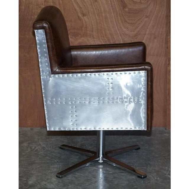 Hand Dyed Brown Leather Aviator Hammered Metal Swivel Captains Armchair For Sale - Image 14 of 18
