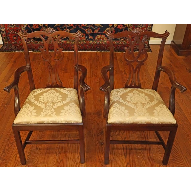 1980s Set of 10 Kittinger Mahogany Chippendale Dining Chairs With Gold Damask Fabric For Sale - Image 12 of 18